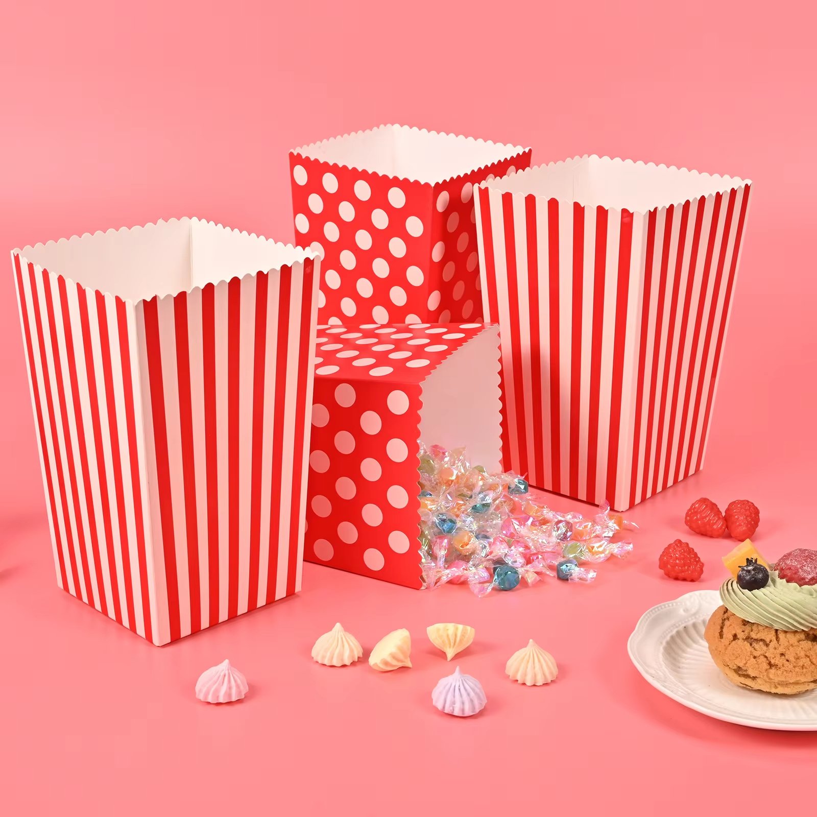 Hot Sale Birthday Party Wedding Gifts Decoration Supplies Red Dot Stripe Paper Candy Popcorn Boxes