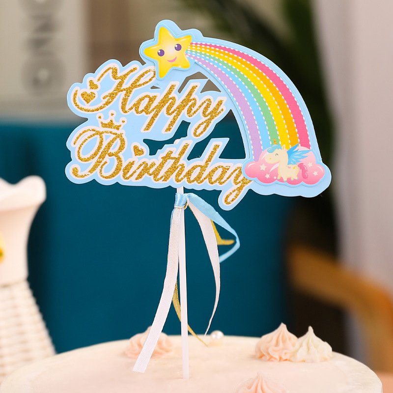 New Seven-Color Rainbow Letter and Ribbon Cake Decorating Supplies Plug-in Birthday Cake Decoration Card
