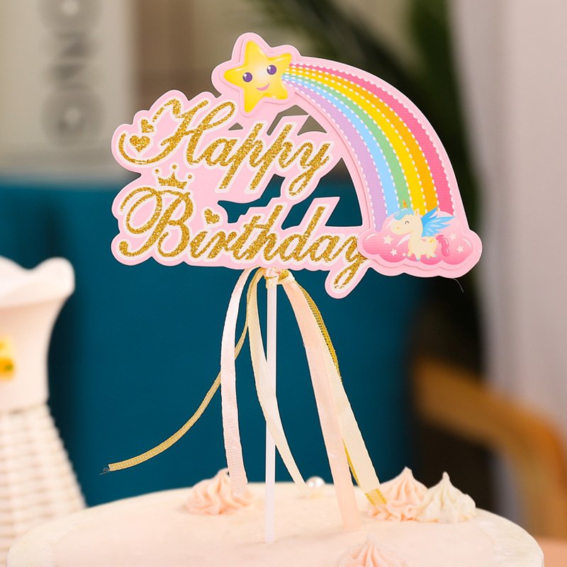 New Seven-Color Rainbow Letter and Ribbon Cake Decorating Supplies Plug-in Birthday Cake Decoration Card