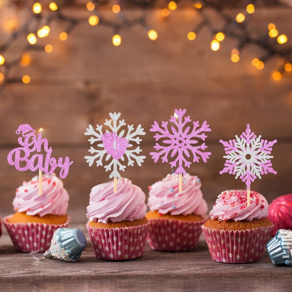 8PCS Pink Glitter Snowflake Cupcake Toppers Snowflake Winter theme Cake Decor Baby Shower Kids Birthday Christmas Party Supplies