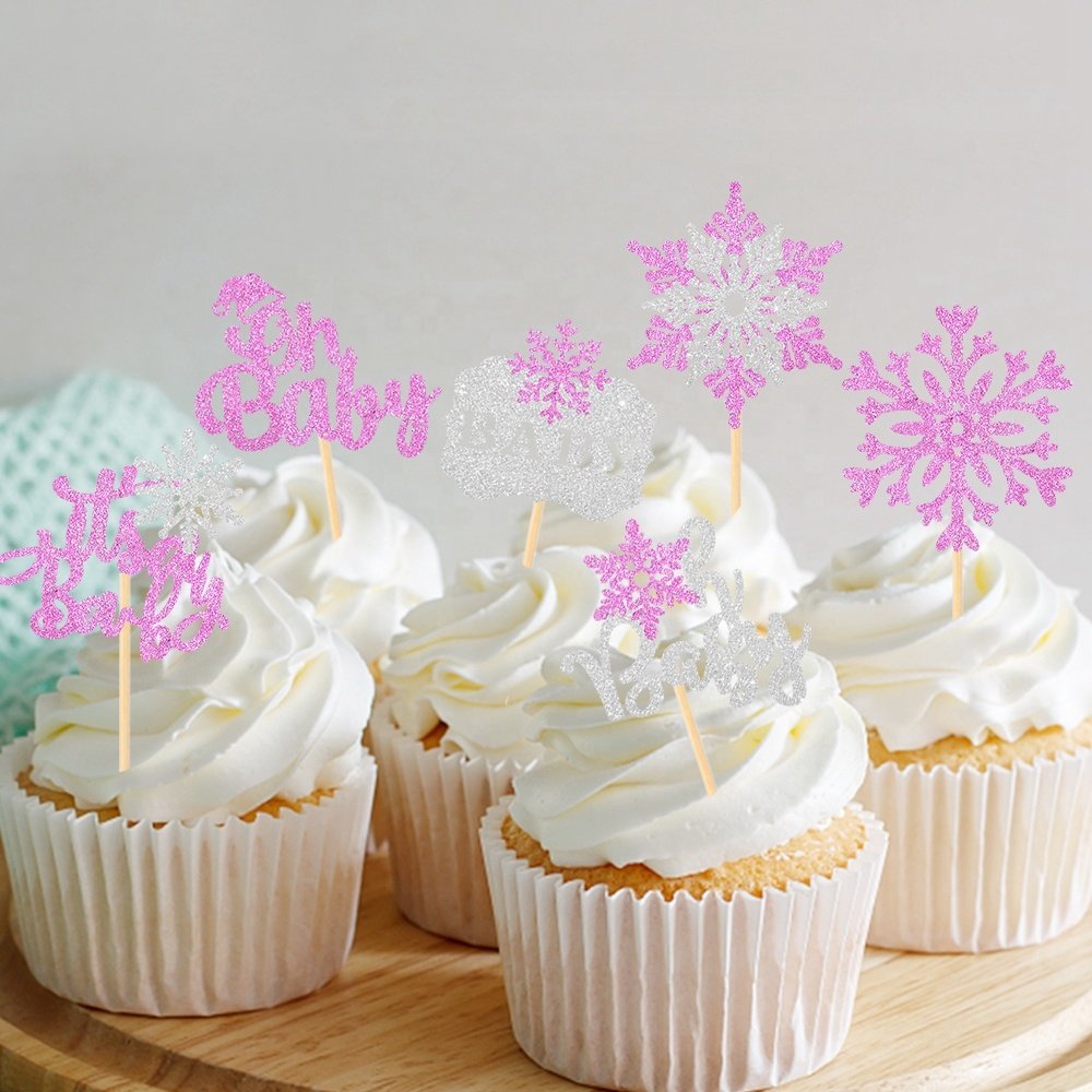 8PCS Pink Glitter Snowflake Cupcake Toppers Snowflake Winter theme Cake Decor Baby Shower Kids Birthday Christmas Party Supplies