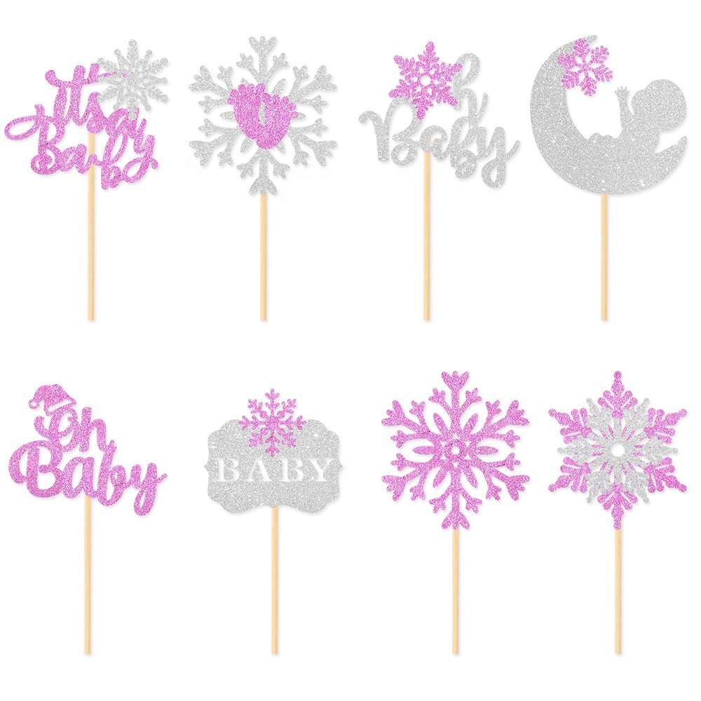 8PCS Pink Glitter Snowflake Cupcake Toppers Snowflake Winter theme Cake Decor Baby Shower Kids Birthday Christmas Party Supplies