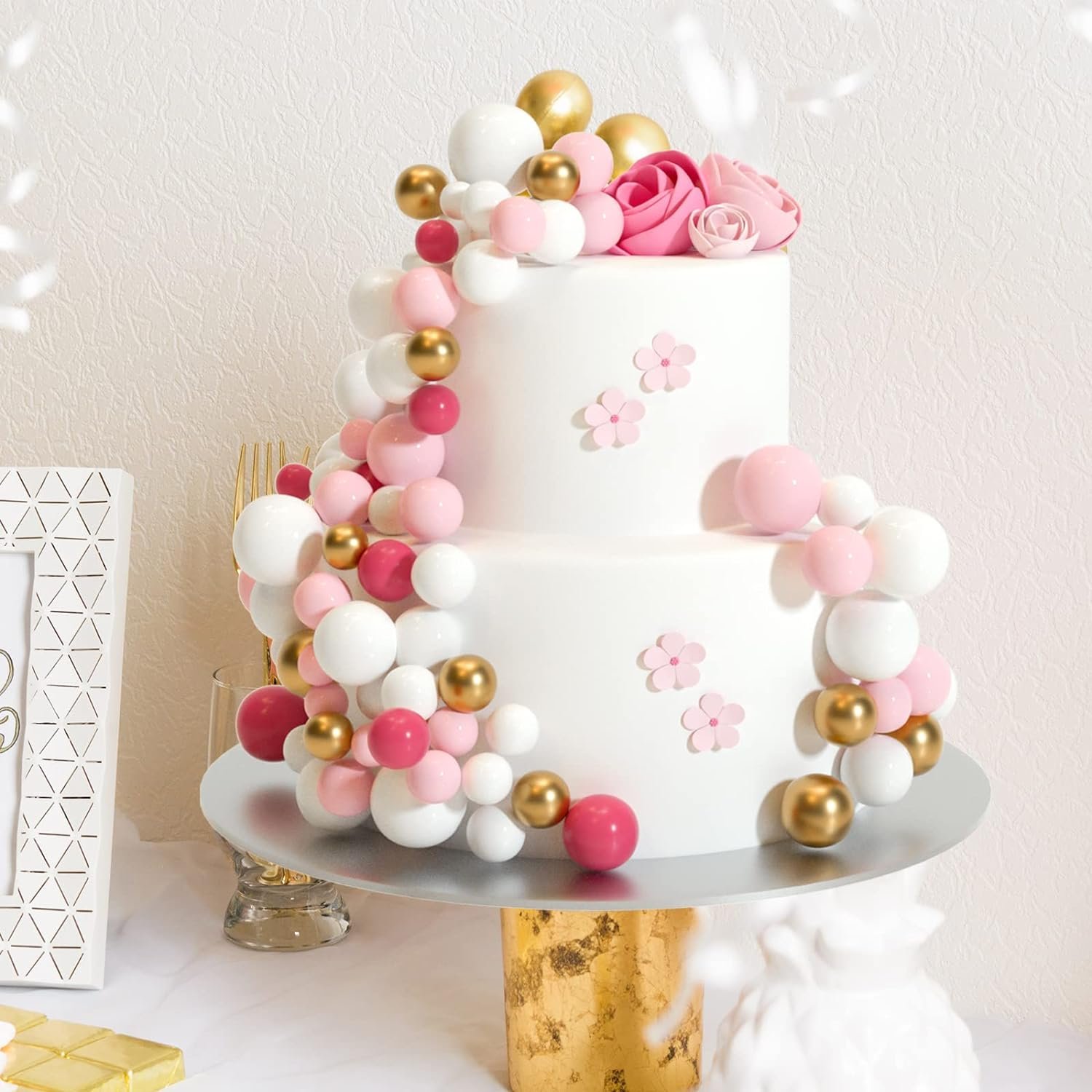 32Pcs Pink Gold Ball Cake Topper Decorations Mini Balloons Cake Topper Sticks Foam Balls Cake Picks Girl Birthday Cake Topper