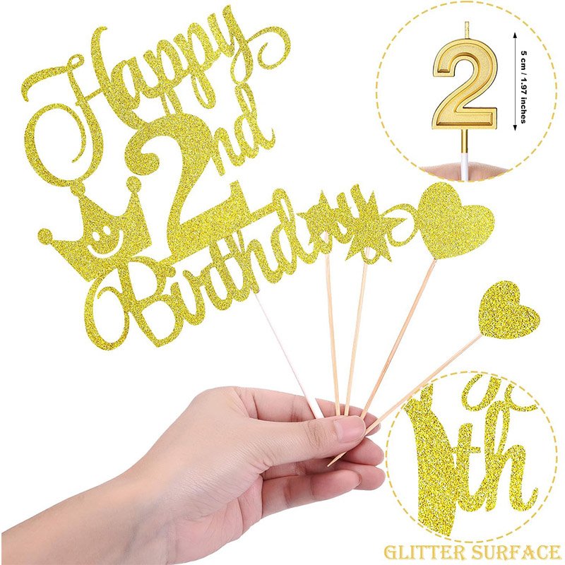 Rose Gold Series Numeral 2 Cake Birthday party Candles and Happy 2nd Heart Star Cupcake Picks Birthday Cake Toppers Decor