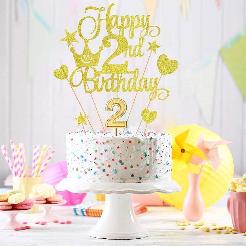 Rose Gold Series Numeral 2 Cake Birthday party Candles and Happy 2nd Heart Star Cupcake Picks Birthday Cake Toppers Decor