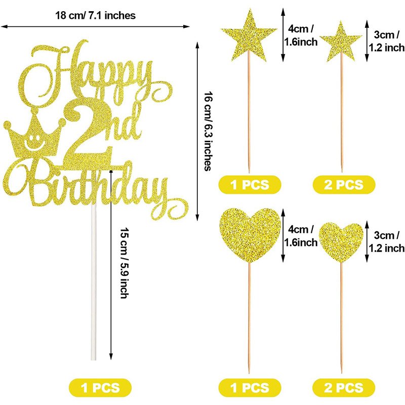 Rose Gold Series Numeral 2 Cake Birthday party Candles and Happy 2nd Heart Star Cupcake Picks Birthday Cake Toppers Decor
