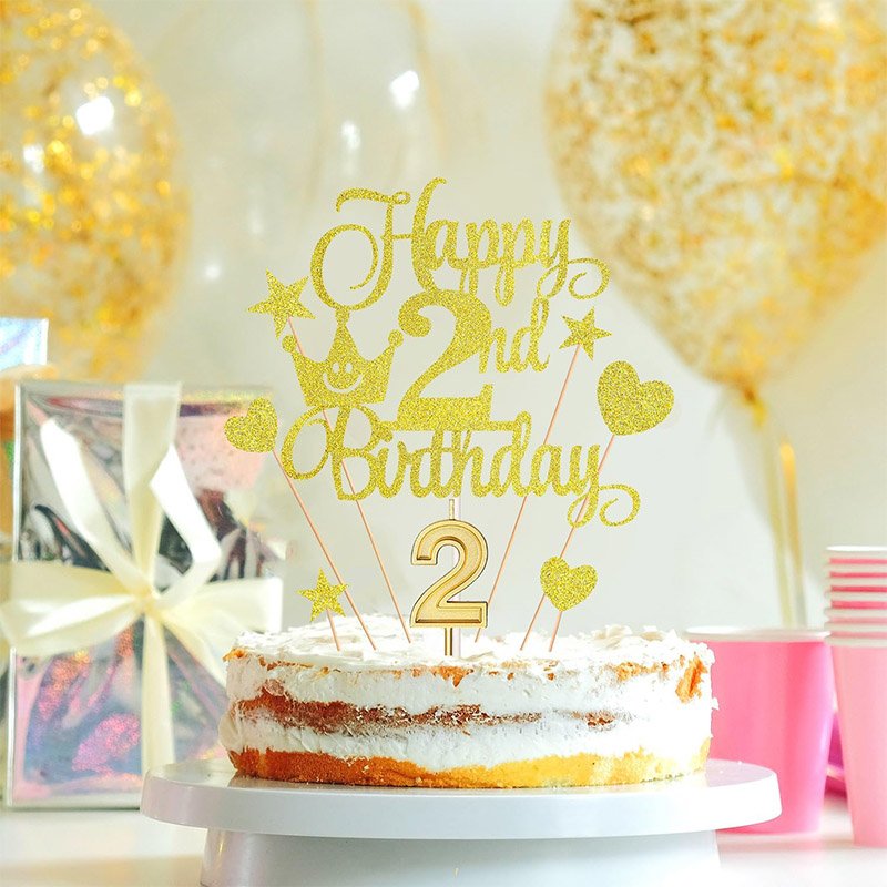 Rose Gold Series Numeral 2 Cake Birthday party Candles and Happy 2nd Heart Star Cupcake Picks Birthday Cake Toppers Decor