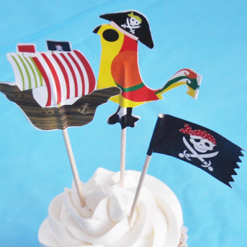 902049 20pcs Cake Picks Wood Pirate Theme Fruit Ice-cream Toppers Signs Party Decor Children Birthday Boat Flag