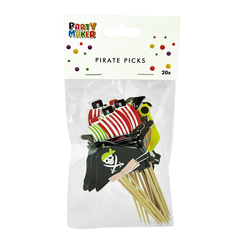 902049 20pcs Cake Picks Wood Pirate Theme Fruit Ice-cream Toppers Signs Party Decor Children Birthday Boat Flag