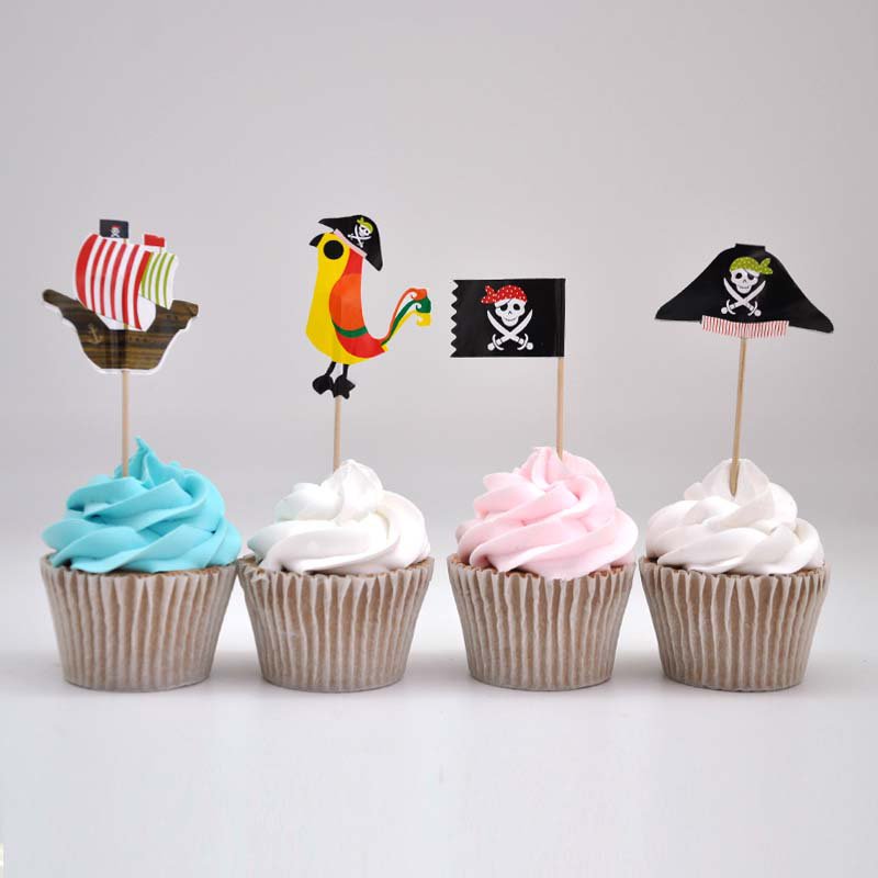 902049 20pcs Cake Picks Wood Pirate Theme Fruit Ice-cream Toppers Signs Party Decor Children Birthday Boat Flag