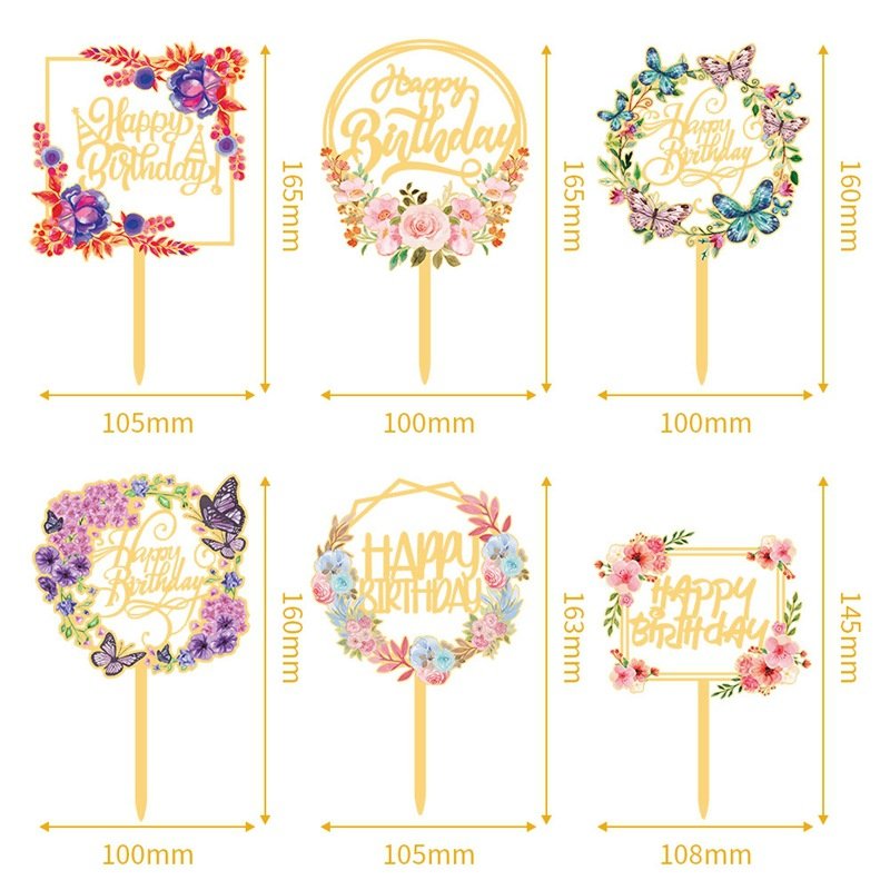 Hot Sell Happy Birthday Wedding Anniversary Party Glitter Gold Silver Style Flower Cake Insert Acrylic Cake Topper
