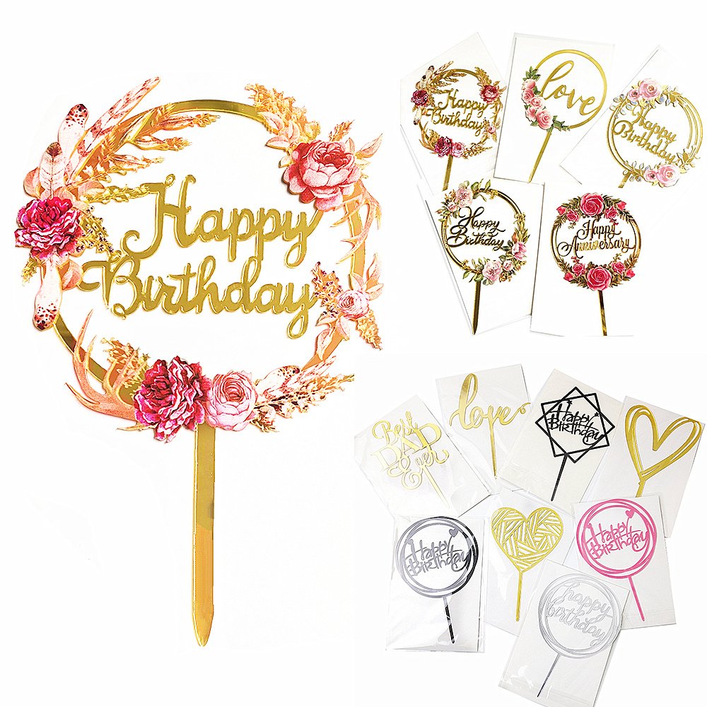 Hot Sell Happy Birthday Wedding Anniversary Party Glitter Gold Silver Style Flower Cake Insert Acrylic Cake Topper