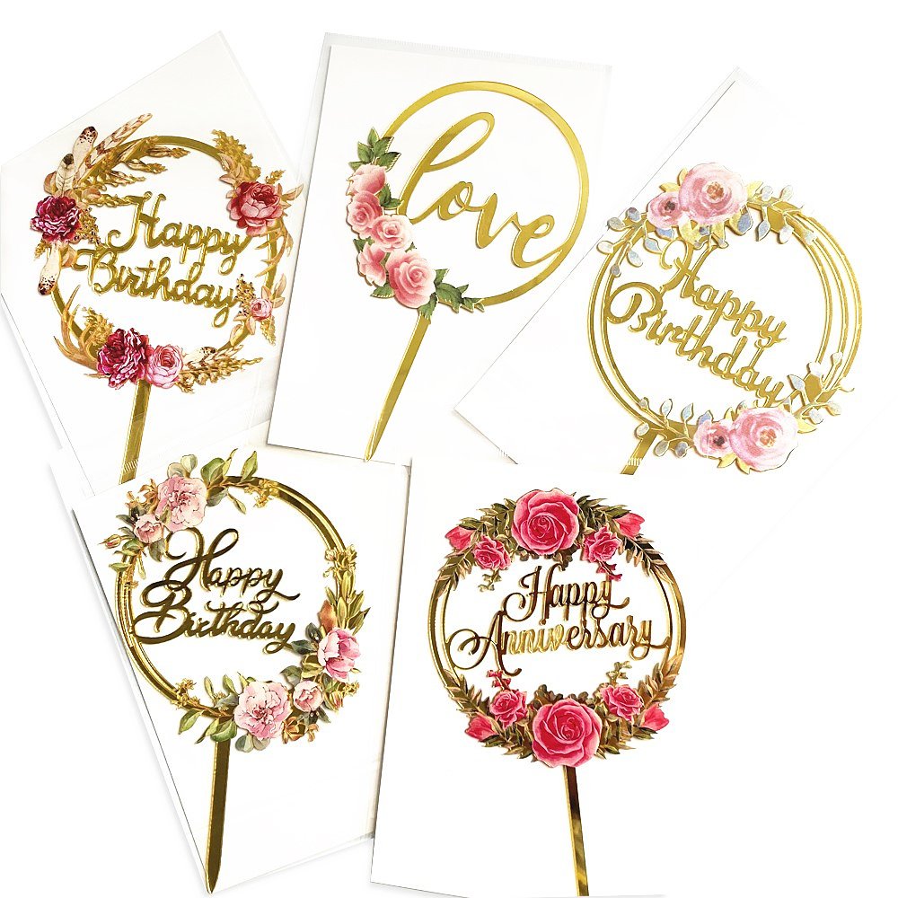 Hot Sell Happy Birthday Wedding Anniversary Party Glitter Gold Silver Style Flower Cake Insert Acrylic Cake Topper