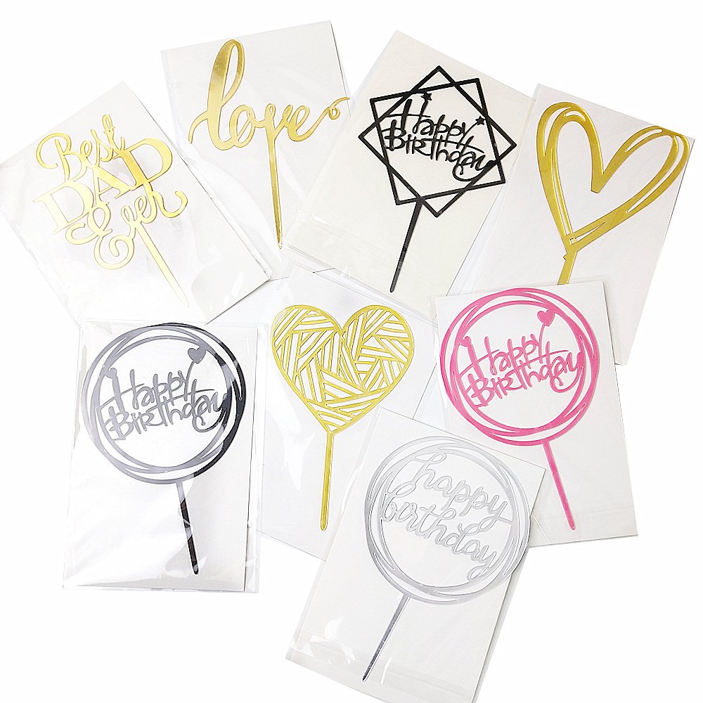 Hot Sell Happy Birthday Wedding Anniversary Party Glitter Gold Silver Style Flower Cake Insert Acrylic Cake Topper