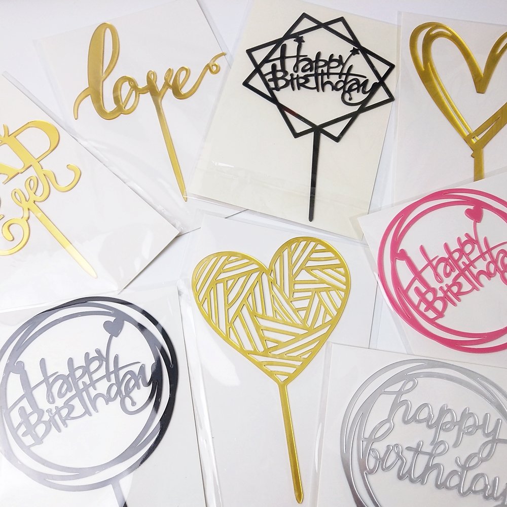 Hot Sell Happy Birthday Wedding Anniversary Party Glitter Gold Silver Style Flower Cake Insert Acrylic Cake Topper