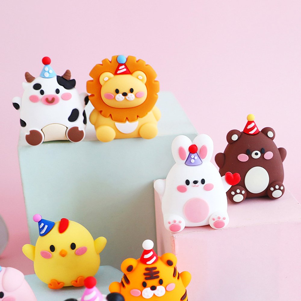 3D Cartoon Animal Soft Glue Cake Topper Decor Lion Bunny Happy Birthday Party Cupcake Cakes Decoration Toppers for Kids Party