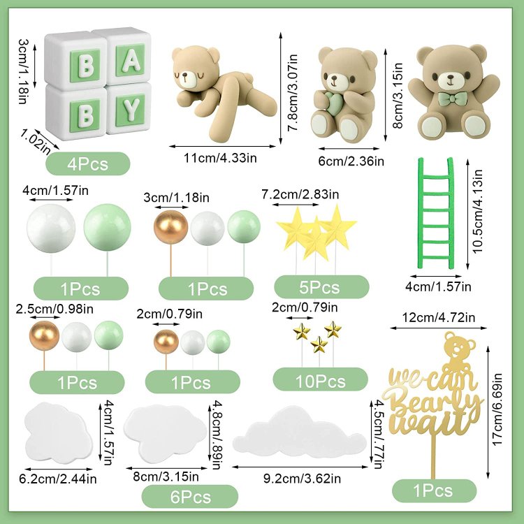 Green Mini Bear Cake Decorations Cake Toppers Gold White Pearl Ball for Boy Girl Baby Shower Birthday Party Decorations