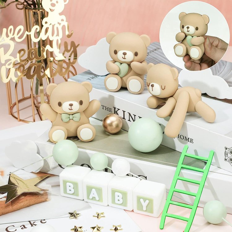 Green Mini Bear Cake Decorations Cake Toppers Gold White Pearl Ball for Boy Girl Baby Shower Birthday Party Decorations