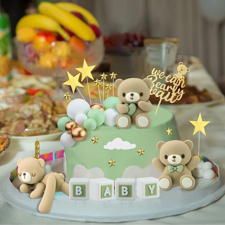 Green Mini Bear Cake Decorations Cake Toppers Gold White Pearl Ball for Boy Girl Baby Shower Birthday Party Decorations