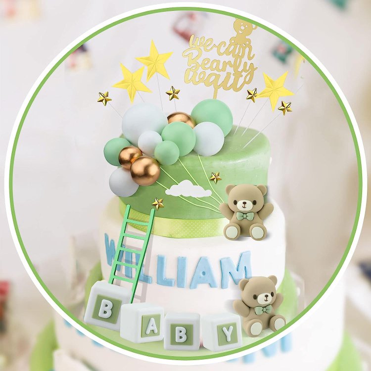 Green Mini Bear Cake Decorations Cake Toppers Gold White Pearl Ball for Boy Girl Baby Shower Birthday Party Decorations