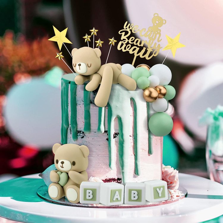 Green Mini Bear Cake Decorations Cake Toppers Gold White Pearl Ball for Boy Girl Baby Shower Birthday Party Decorations