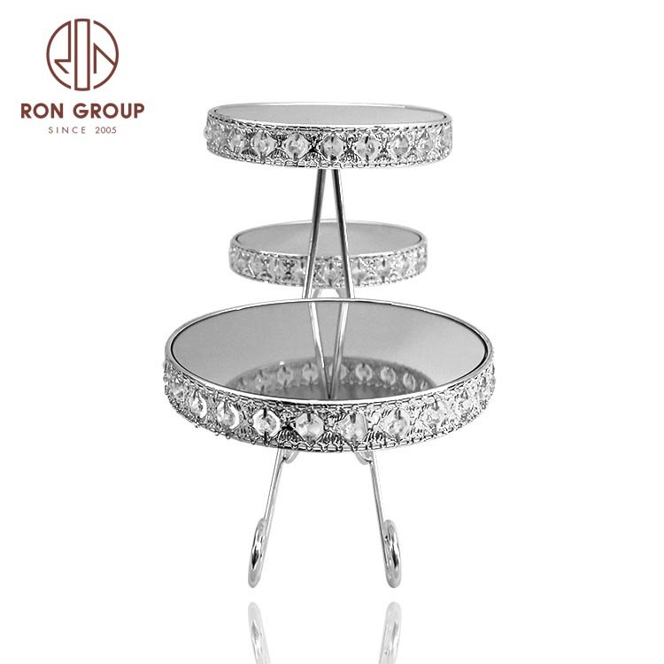 New Design Luxury OEM Party Wedding Banquet Decoration 3 Tier Round Metal Silver Cupcake Tray Mirror Cake Stand with Pearl Edge