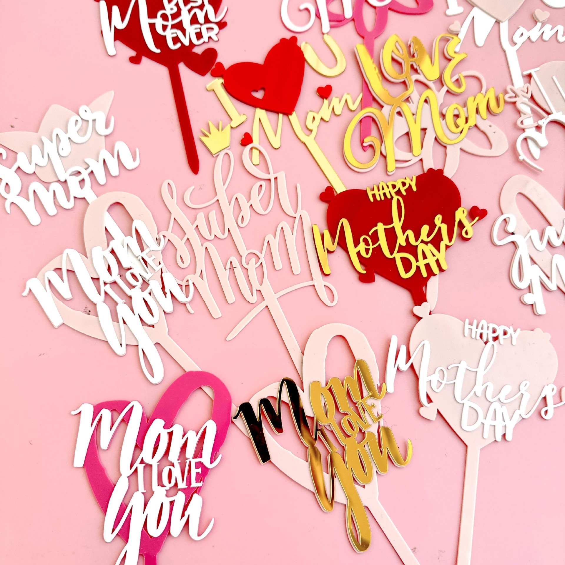 Colorful Heart Best Mom Cupcake Picks I love you Mom Cake Decorations for Happy Mother's Day Theme Birthday Party Supplies