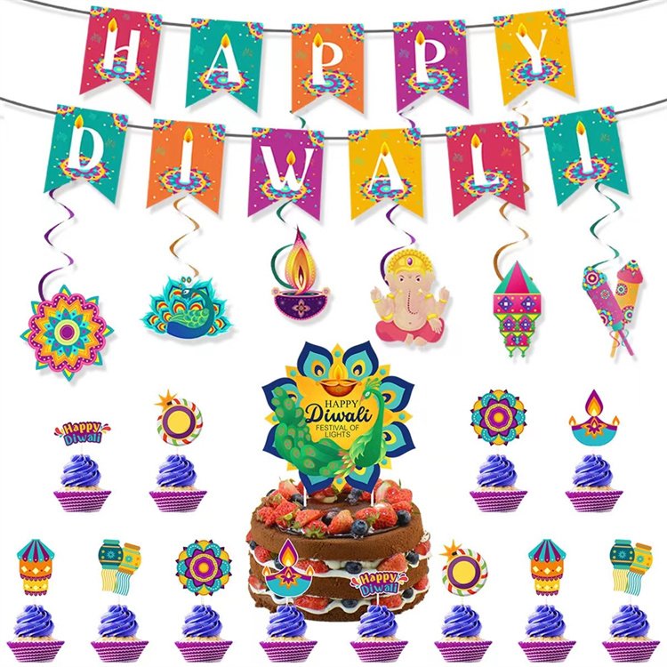 Happy Diwali Purple SpaceTheme Party Decoration Set Includes Banner Alien Astronaut Cake Topper Spiral Paper Party Decorations