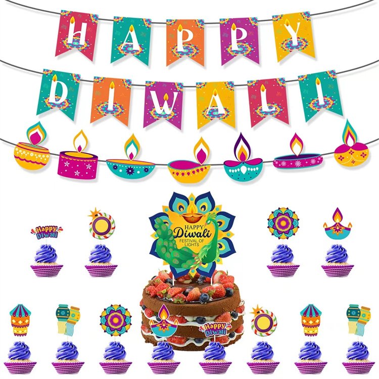 Happy Diwali Purple SpaceTheme Party Decoration Set Includes Banner Alien Astronaut Cake Topper Spiral Paper Party Decorations