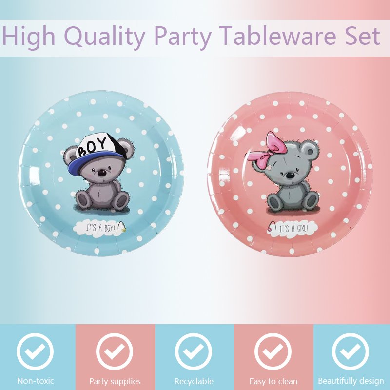 Baby Bear Gender Reveal Party Paper Plates Boy or Girl Disposable Plates Decorations Pink or Blue cake Party Supplies
