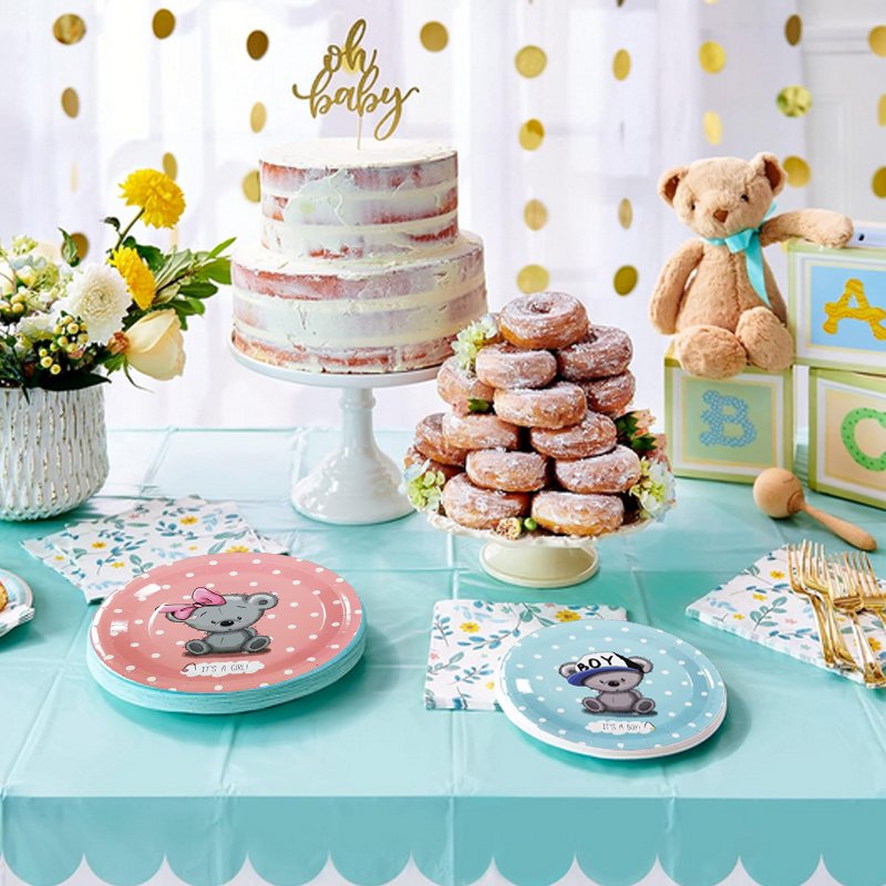 Baby Bear Gender Reveal Party Paper Plates Boy or Girl Disposable Plates Decorations Pink or Blue cake Party Supplies
