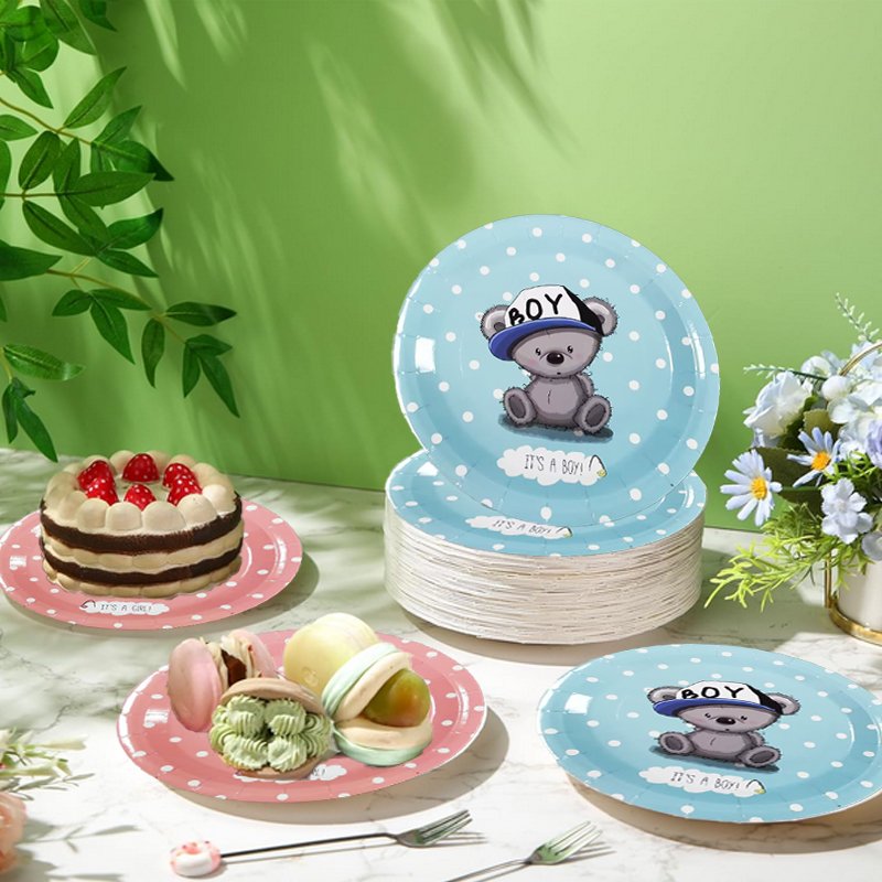 Baby Bear Gender Reveal Party Paper Plates Boy or Girl Disposable Plates Decorations Pink or Blue cake Party Supplies