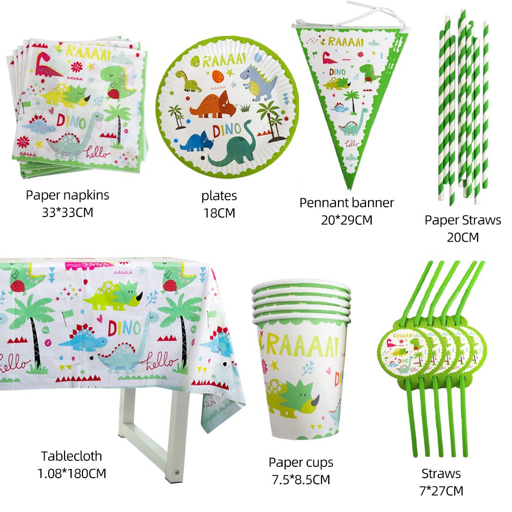 Little Green Dino Birthday Party Decorations Supply Dino Disposable Tableware Set Party Supplies