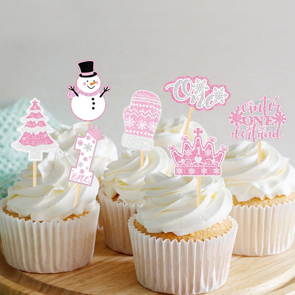 9pcs Winter Snowflake One Cupcake Toppers Party Cupcake Picks Snowflake Theme Baby Shower First Birthday Party Cake Decorations