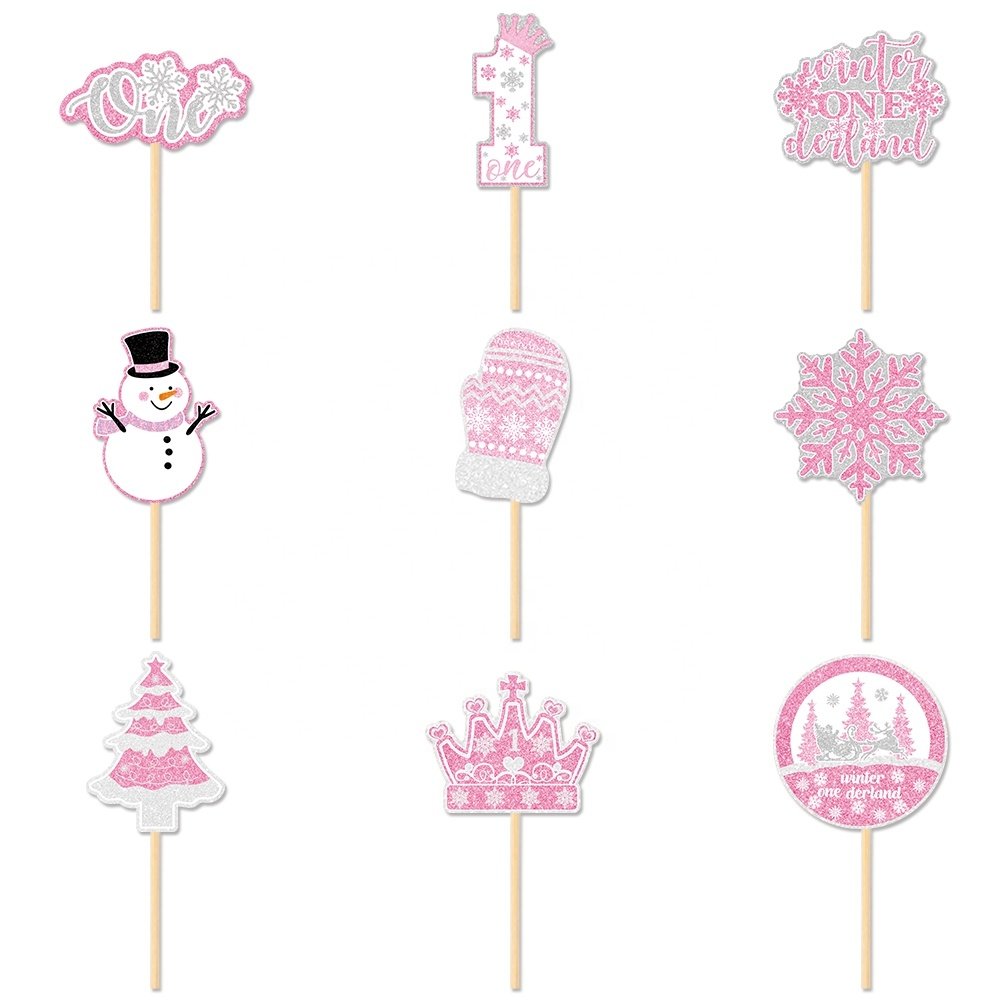 9pcs Winter Snowflake One Cupcake Toppers Party Cupcake Picks Snowflake Theme Baby Shower First Birthday Party Cake Decorations