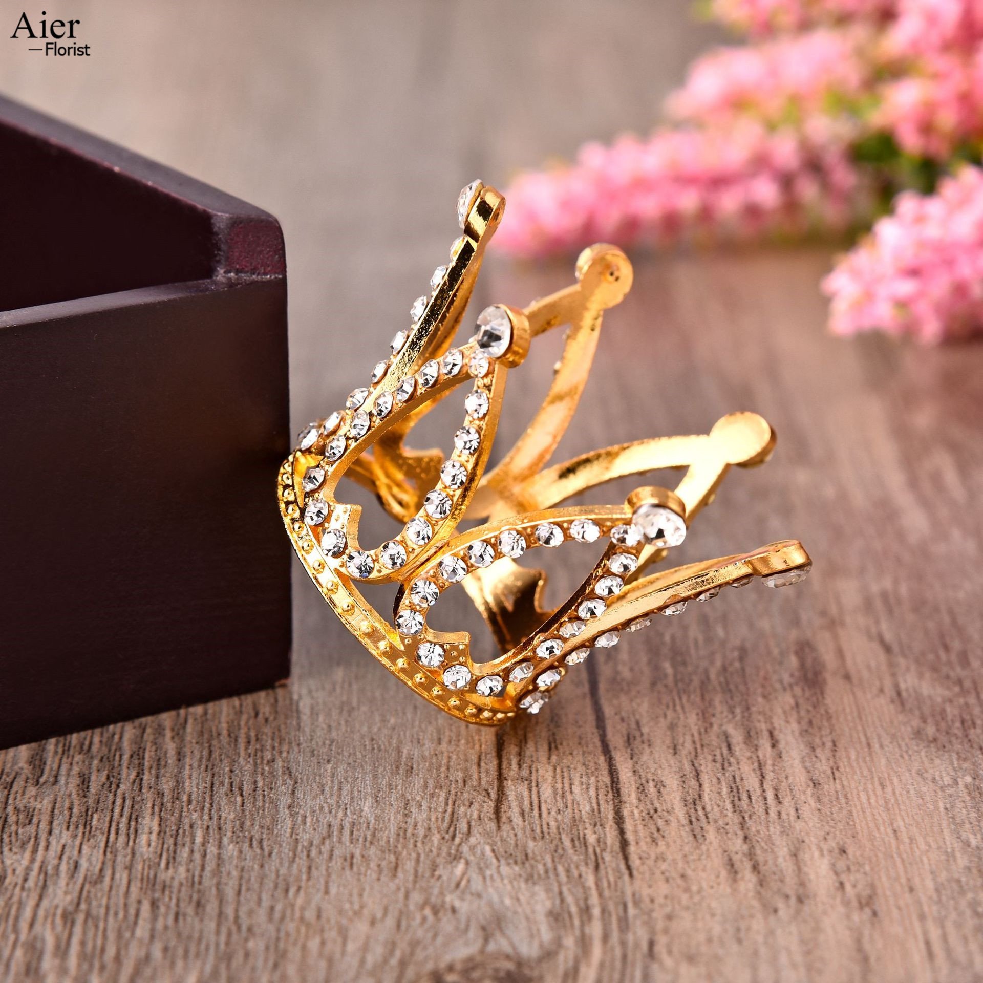 Aierflorist Gold Mini Crown Cake Topper Crystal Pearl Rhinestone Bridal Baby Tiaras Round Heart Decoration Kids Birthday Party
