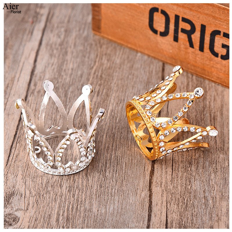 Aierflorist Gold Mini Crown Cake Topper Crystal Pearl Rhinestone Bridal Baby Tiaras Round Heart Decoration Kids Birthday Party