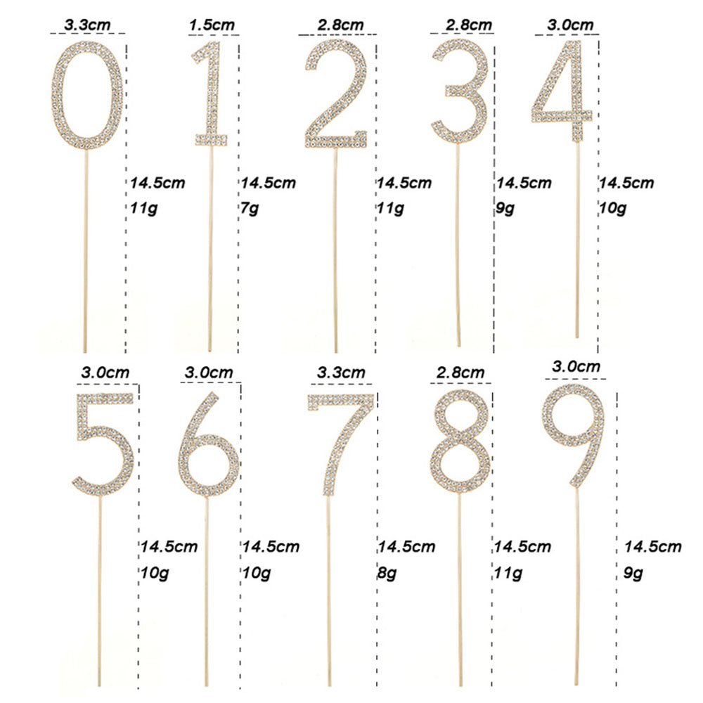 Number 0-9 Happy Birthday Cake Toppers Bling Rhinestone Cake Decorations Metal Alloy Large Number Cupcake Toppers Glitter Party