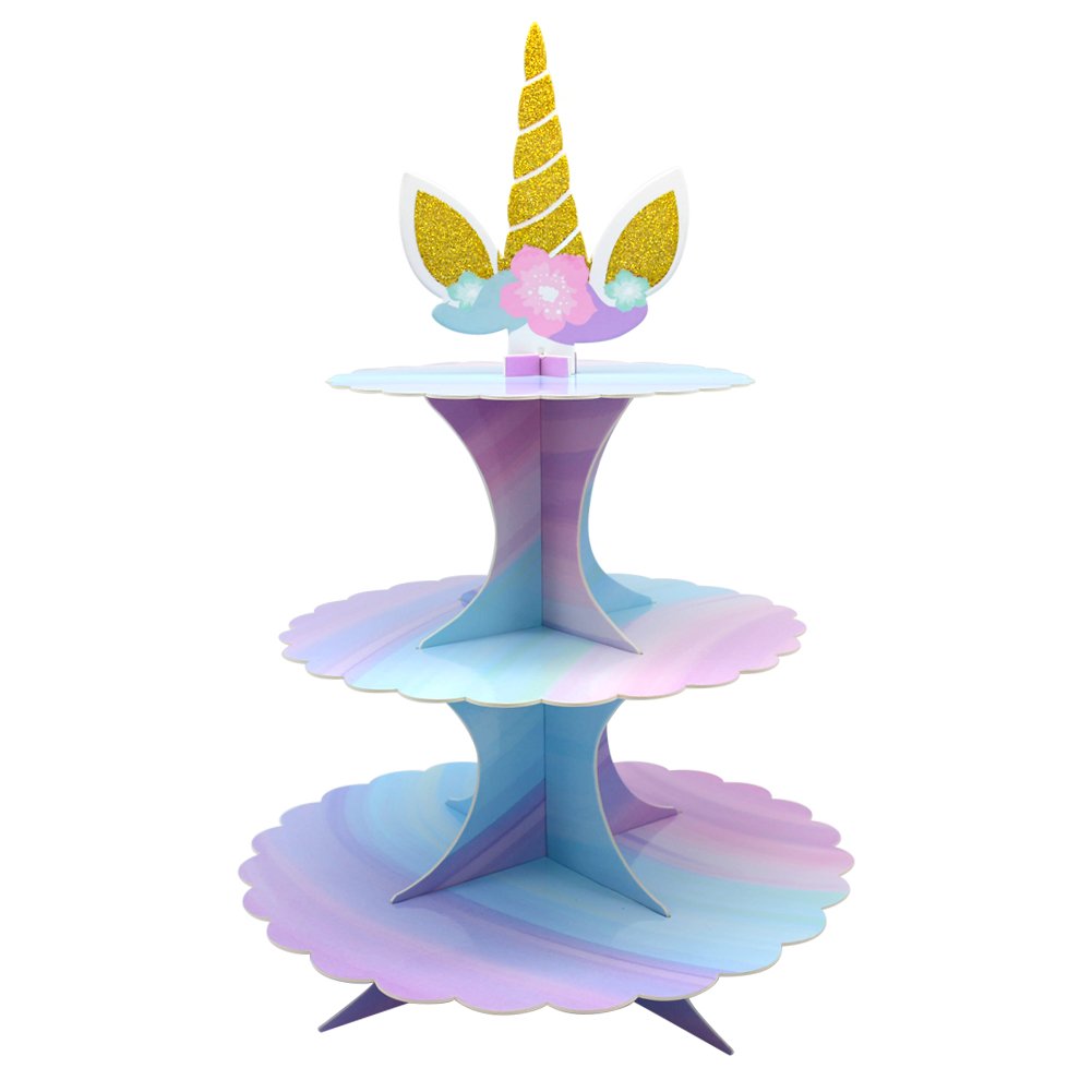 Unicorn Theme Girl's Birthday Party Supplies Kids Birthday Party Cake Display Stand 3-tier Cardboard Cupcake Plate