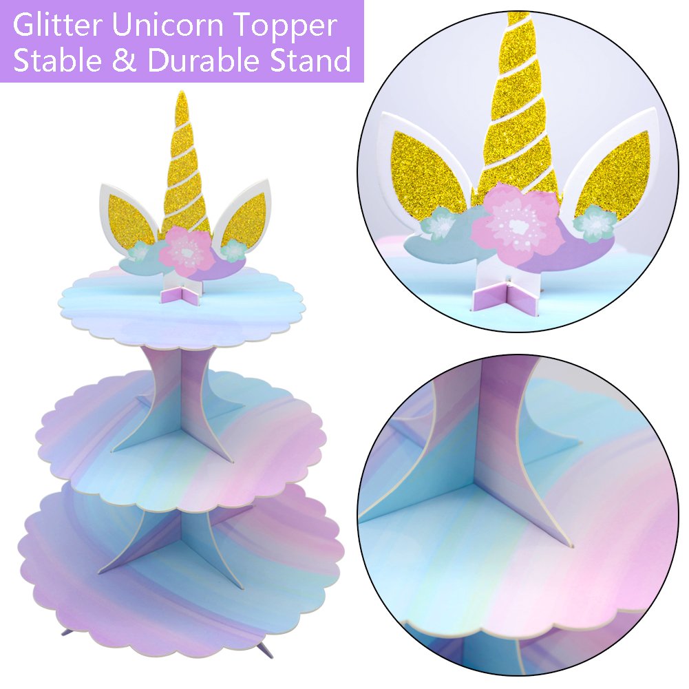 Unicorn Theme Girl's Birthday Party Supplies Kids Birthday Party Cake Display Stand 3-tier Cardboard Cupcake Plate