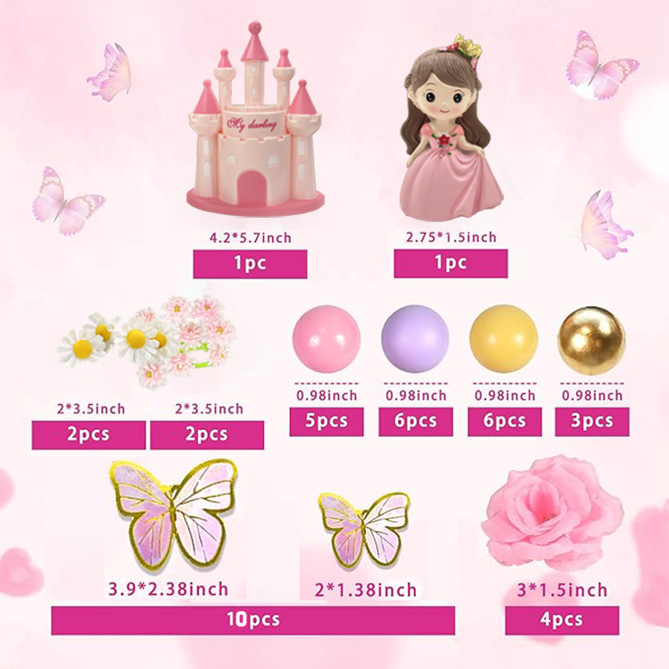 Princess Cake Topper Castle Cake Decoration Butterflies Artificial Flowers balls for Girls Happy Birthday Party Decorations