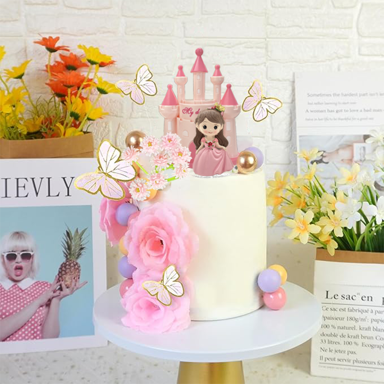 Princess Cake Topper Castle Cake Decoration Butterflies Artificial Flowers balls for Girls Happy Birthday Party Decorations