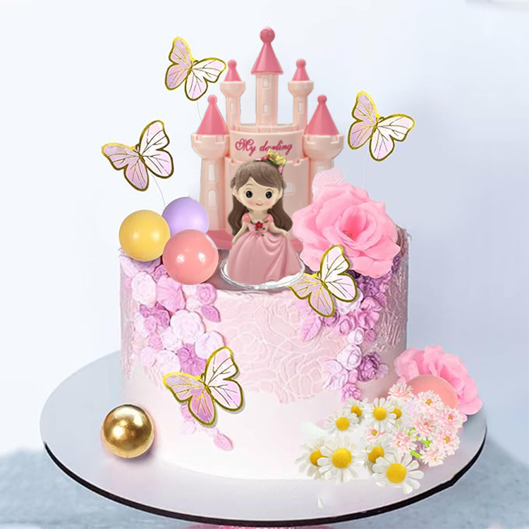 Princess Cake Topper Castle Cake Decoration Butterflies Artificial Flowers balls for Girls Happy Birthday Party Decorations