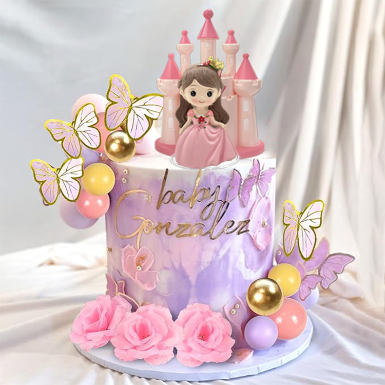 Princess Cake Topper Castle Cake Decoration Butterflies Artificial Flowers balls for Girls Happy Birthday Party Decorations
