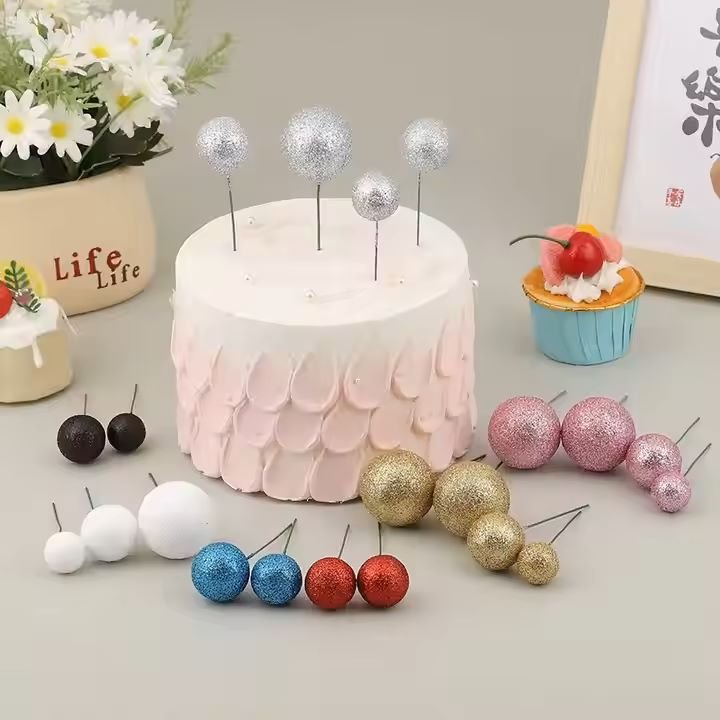 Glitter Foam Balls Happy Birthday Cake Decoration Happy Birthday Cake Topper Faux Ball for Birthday Cake Decoration