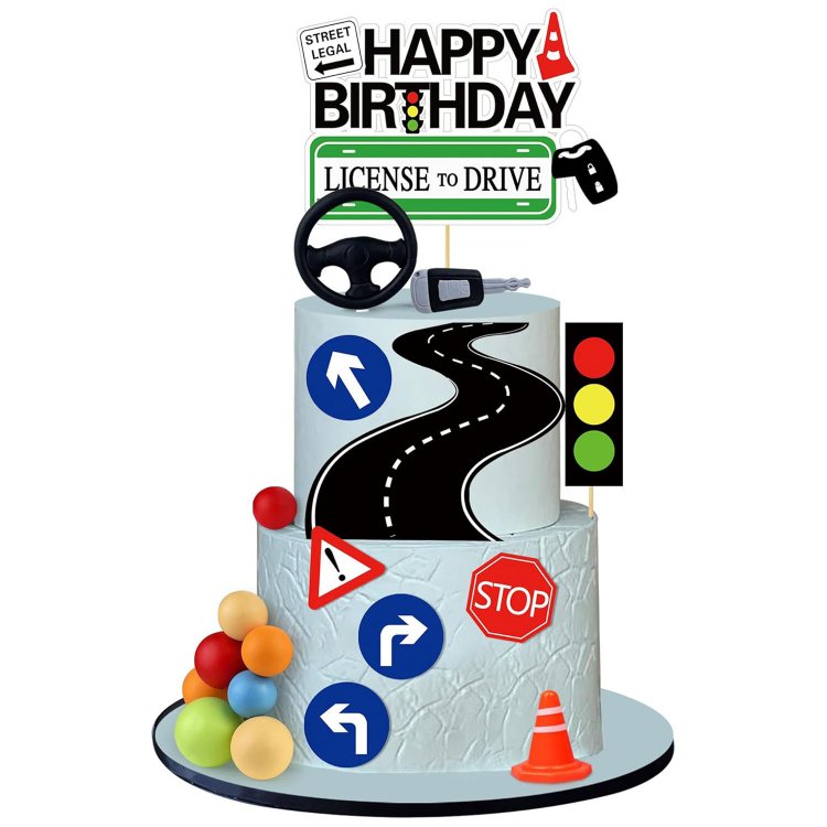 Driver License Cake Topper New Driver Cake Decorations for 16th 17th Birthday and Road Signs Theme Party Supplies