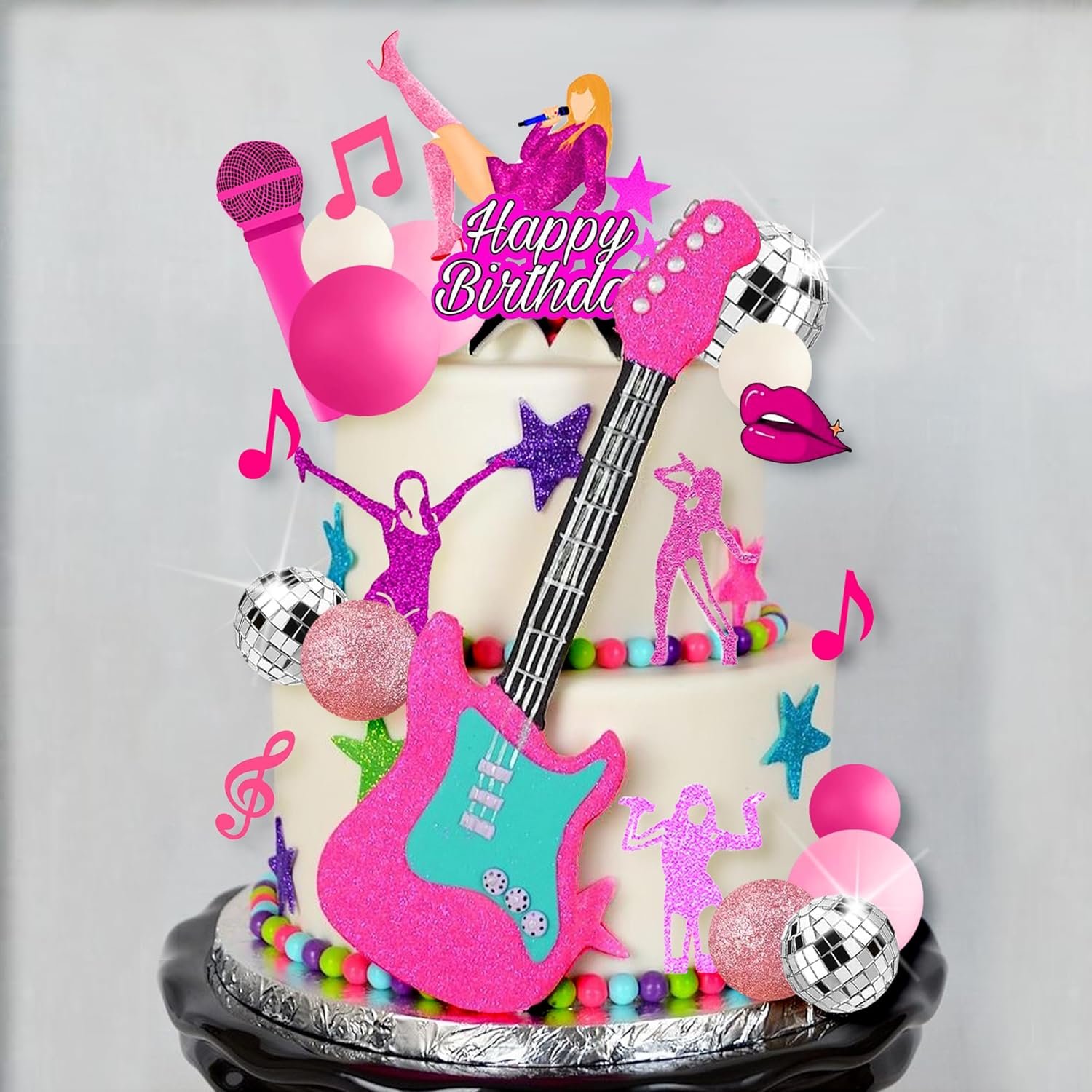 Music Cake Toppers Pink Girl Birthday Cake Topper and Disco cake topper for Music Birthday Party Decorations Supplies