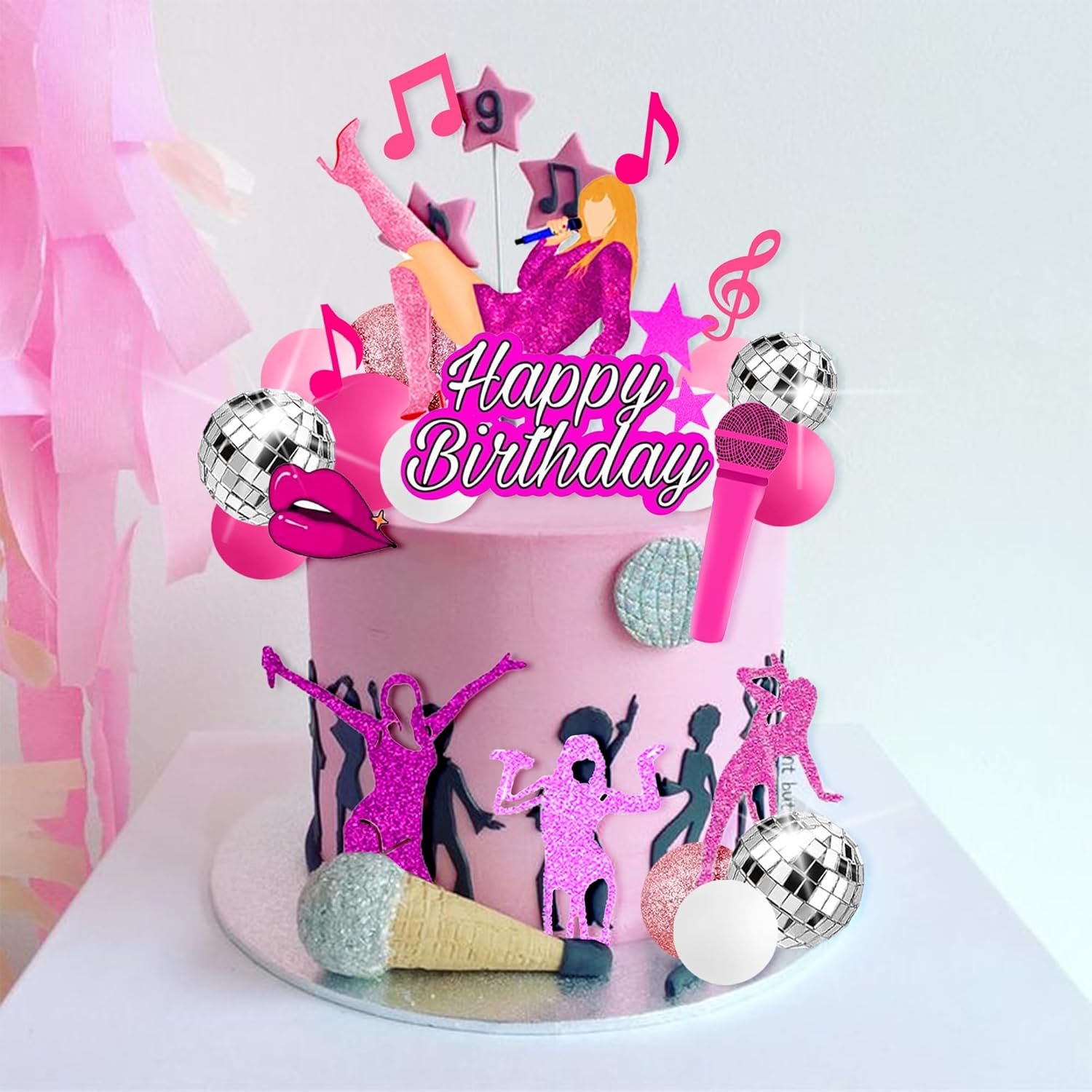 Music Cake Toppers Pink Girl Birthday Cake Topper and Disco cake topper for Music Birthday Party Decorations Supplies