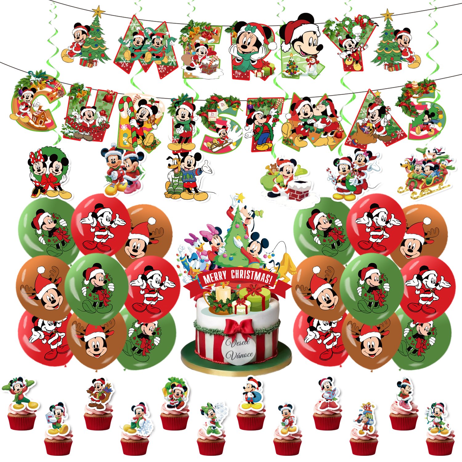 Christmas Decoration Christmas Mickey 2024 Included Merry Christmas Banner Santa Claus Balloons Cake Toppers Decoration For Kids