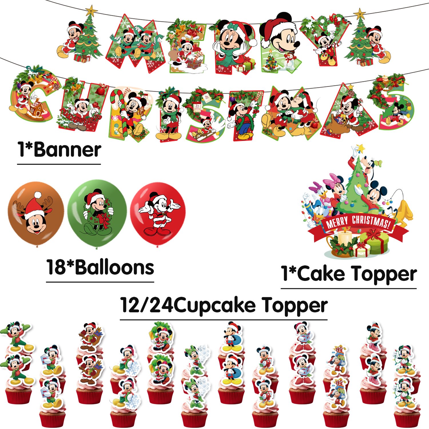 Christmas Decoration Christmas Mickey 2024 Included Merry Christmas Banner Santa Claus Balloons Cake Toppers Decoration For Kids